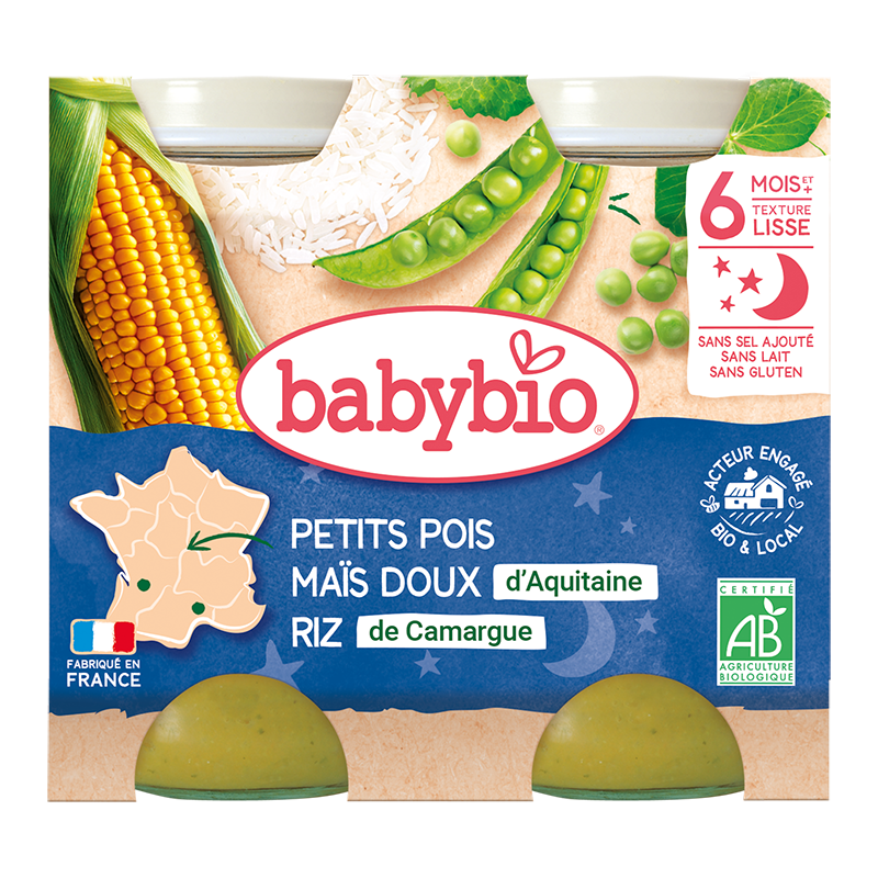 Petits pots soir petits pois maïs riz bio (dès 6 mois) - 2x200g