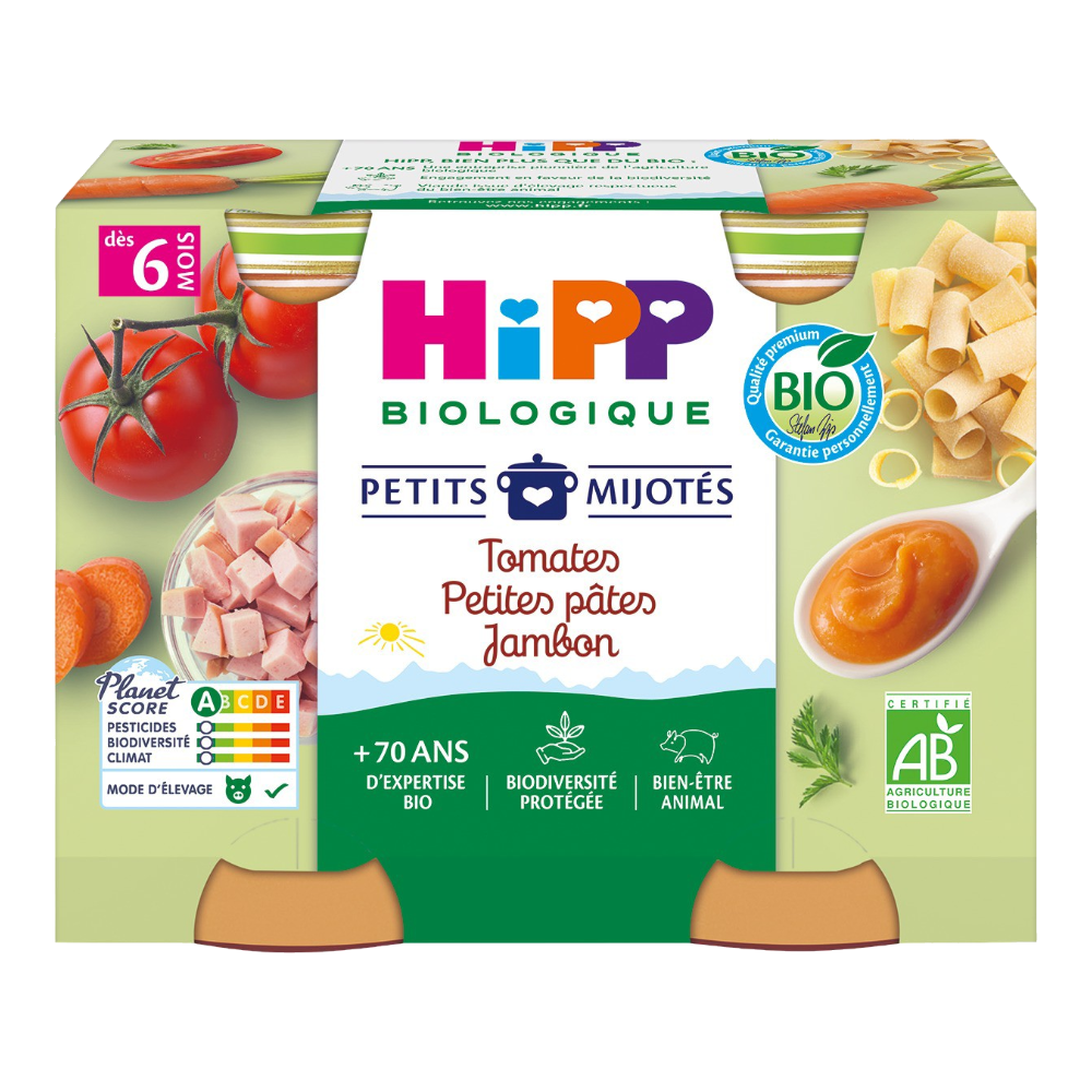 Petits pots midi tomates petites pâtes jambon bio (dès 6 mois) - 2x190g
