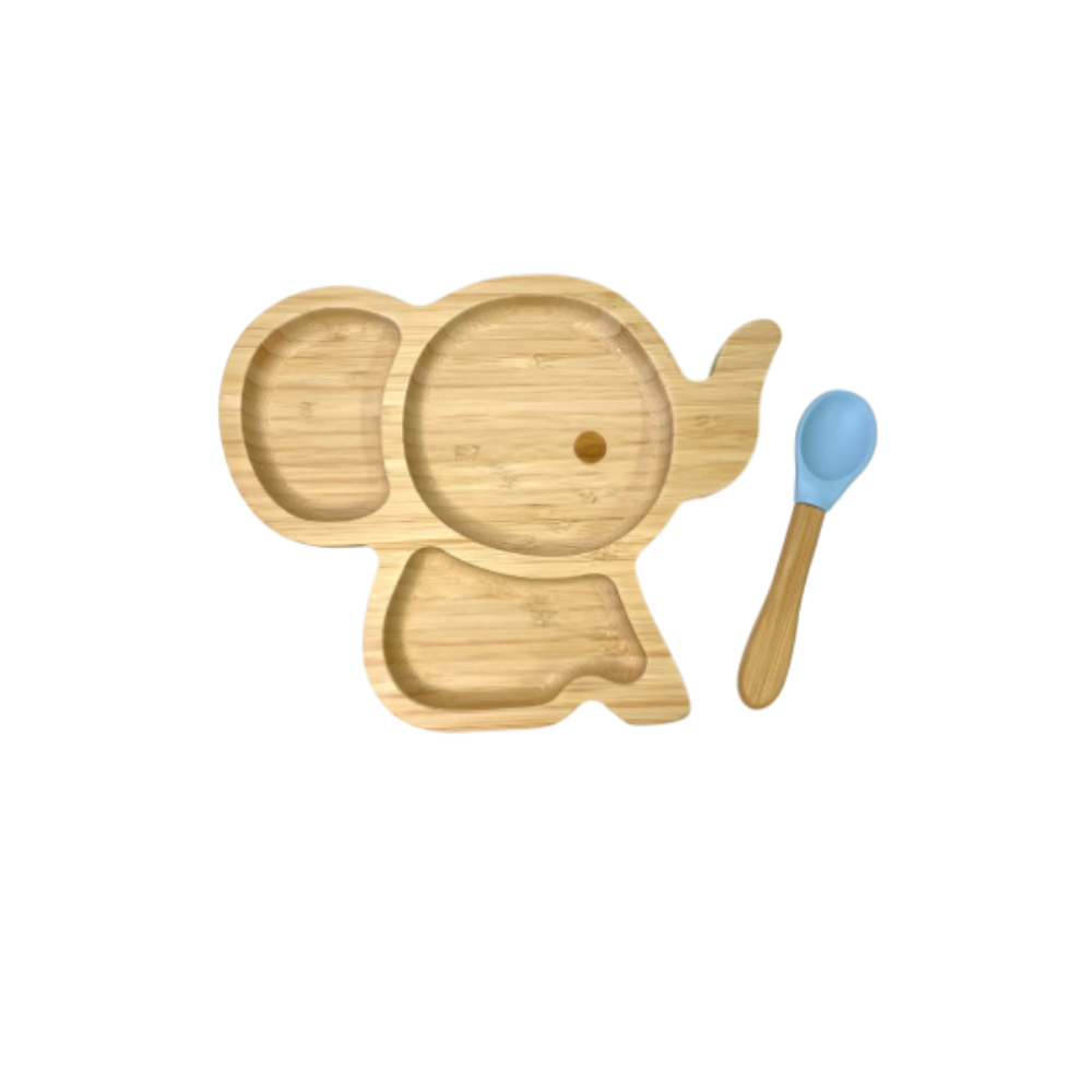 Set de repas bébé éléphant bleu pastel (assiette et cuillère)