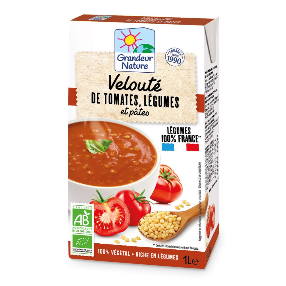 Velouté de tomates, légumes et pâtes bio