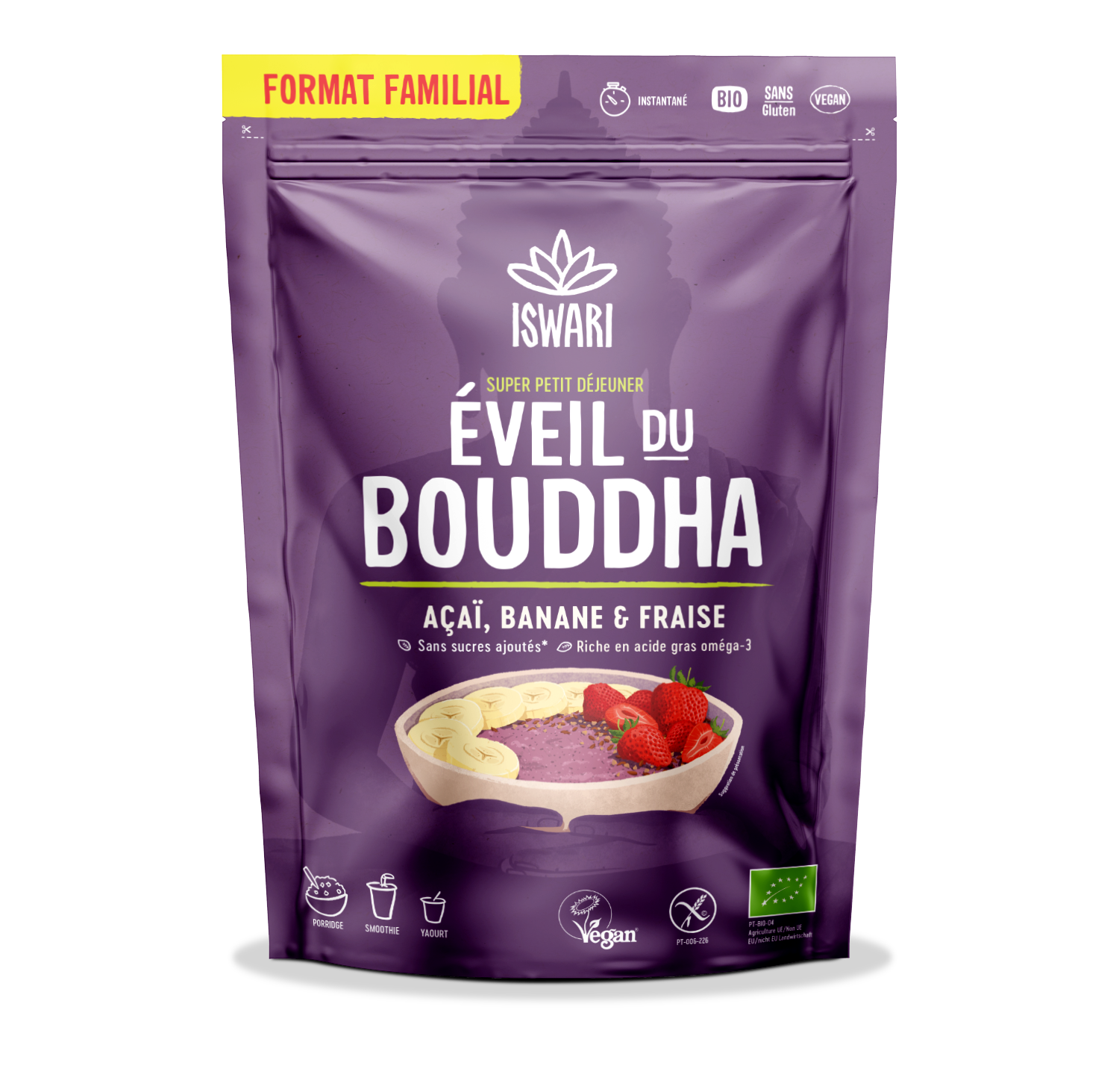 Petit déjeuner éveil du bouddha açaï banane fraise bio
