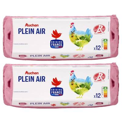 Auchan Oeufs de poules élevées en plein air Label Rouge, Lot de 2x12 oeufs