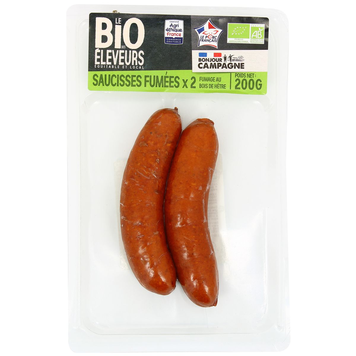 Bonjour Campagne Saucisse Fumée Bio, 2 saucisses - 200g