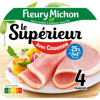 Fleury Michon Jambon Supérieur avec Couenne Taux de Sel Réduit, 4 tranches - 160g
