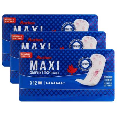 Auchan Serviettes hygiéniques maxi sans ailettes, Lot de 3x12 serviettes