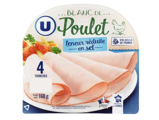 Blanc de poulet teneur réduite en sel, U (4 tranches, 160 g)