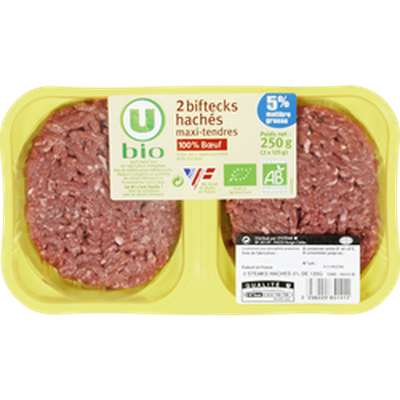 Steak haché maxi tendre 5% MG VBF BIO, U Bio (2 x 125 g)