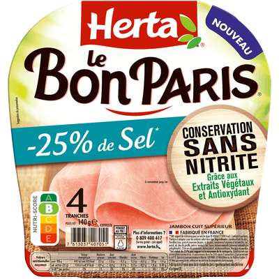 Jambon Le Bon Paris -25% Sel et sans nitrite, Herta (4 tranches, 140 g)