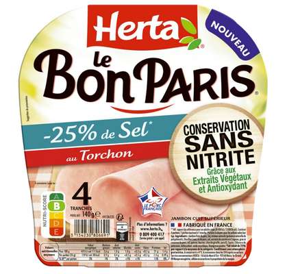 Jambon le bon Paris au torchon -25% de sel sans nitrites, Herta (4 tranches, 140 g)