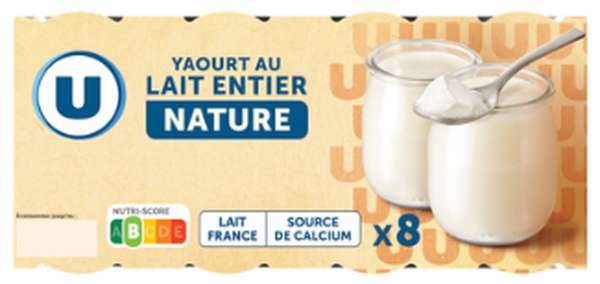Yaourt nature au lait entier pot en verre, U (8 x 125 g)