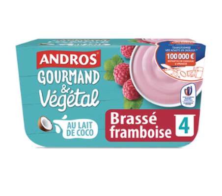 Dessert végétal brassé au lait de coco et framboise, Andros Gourmand et Végétal (4 x 100 g)