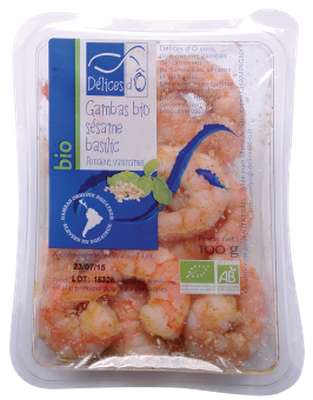 Queues de gambas cuites décortiquées au sésame et basilic BIO, calibre 40/60, origine Equateur, Délices d'Ô  (100 g)