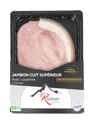 Jambon cuit supérieur avec couenne sans nitrites BIO, Rostain (2 tranches, 80 g)