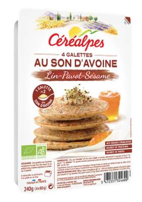 Galettes au son d'avoine graines (lin brun, pavot, sésame) BIO, Céréalpes (x 4, 240 g)