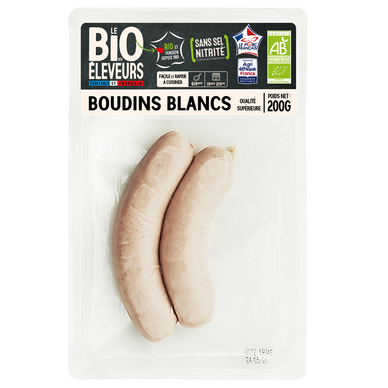 Boudins blancs au lait bio Viande de Porc Français BONJOUR CAMPAGNE,x2, soit 200g