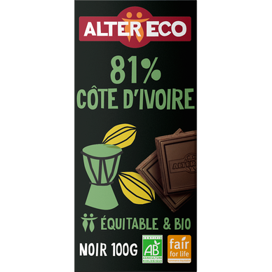 Chocolat noir Cote d'Ivoire 81% bio ALTER ECO, tablette 100g