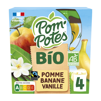 Dessert fruitier Gourdes BIO Pomme Banane Vanille POM'POTES, 4x90g