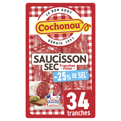 Saucisson sec teneur en sel réduit - COCHONOU - 34 tranches - 100g