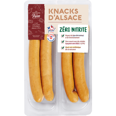 Saucisses Knack d'Alsace sans nitrite PIERRE SCHMIDT, 4 pièces, 260g