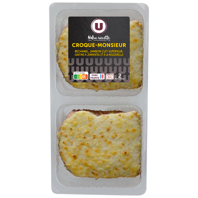 Croque-monsieur béchamel jambon cuit supérieur gratiné à l'emmental etmozzarella, 2 pièces, 280g