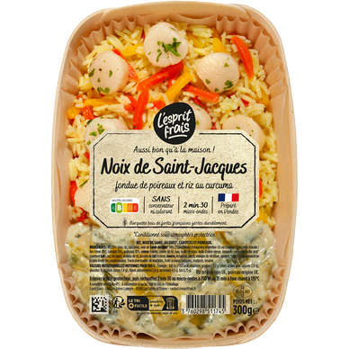 Noix de Saint Jacques fondue de poireaux et riz au curcuma, 1 part, 300g