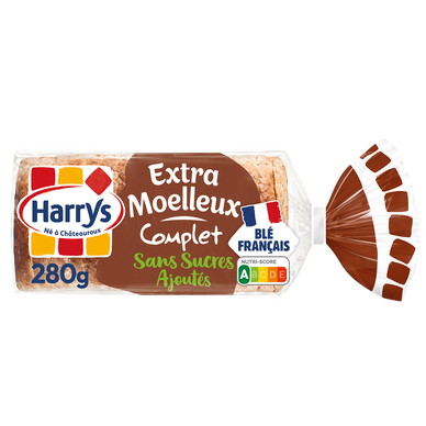 Pain de mie extra moelleux Complet sans sucres ajoutés HARRYS - 280g