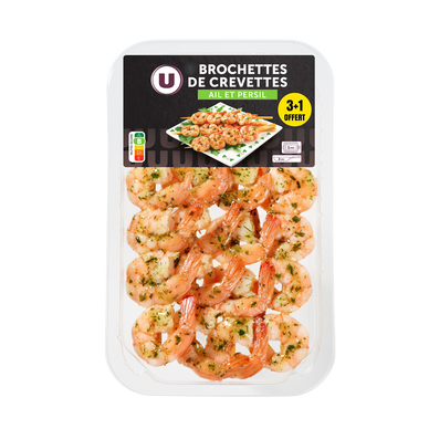 Brochette crevette ail/persil, 3 pièces + 1 offerte, Transformée en France, barquette 180g