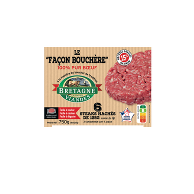 Steaks hachés 100% pur boeuf VBF 15%MG BRETAGNE VIANDE, 6x125g