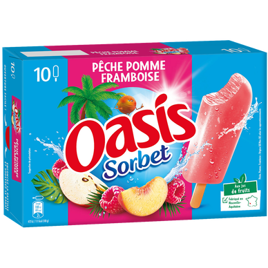 Bâtonnets glacés Sorbet cocktail pêche pomme et framboise OASIS, x10 soit 400g