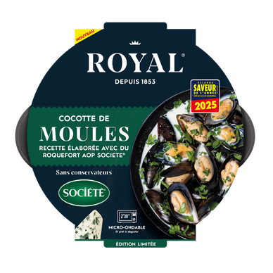 Cocotte moule cuite, Mytilus galloprovincialis, cuisiné au roquefort,Transformé en Espagne, barquette 500g
