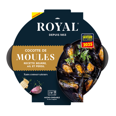 Cocotte moule cuite, Mytilus galloprovincialis, cuisiné ail persil,Transformé en Espagne, barquette 500g