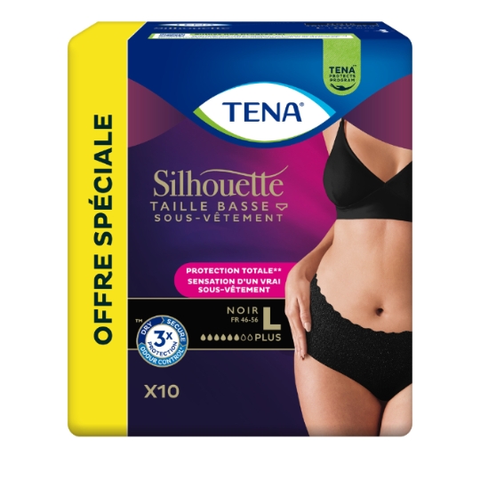Culottes fuites urinaires Taille L Taille Basse Protection Totale Noir Silhouette TENA