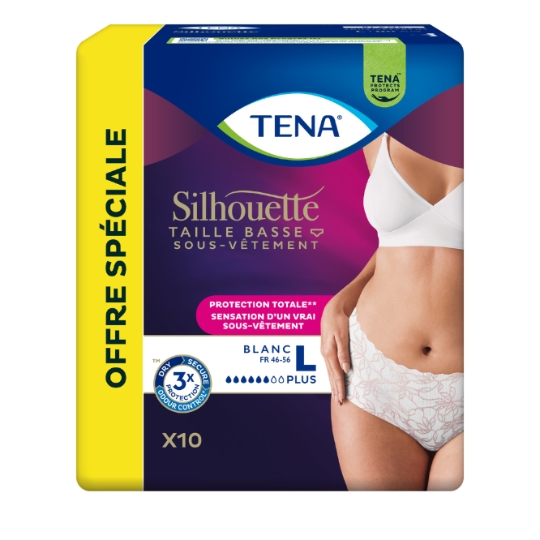 Culottes fuites urinaires Taille L Taille Basse Protection Totale Blanc Silhouette TENA