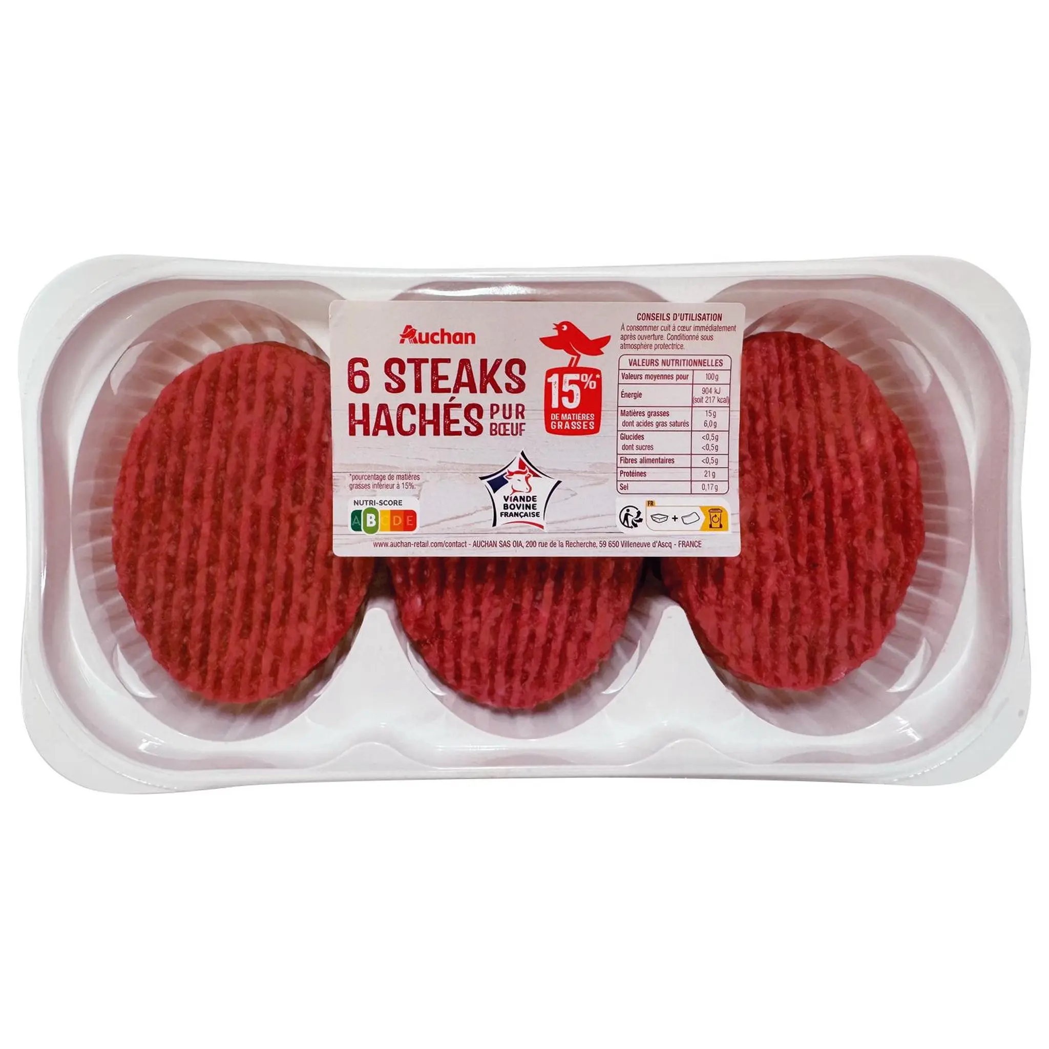 AUCHAN Steaks hachés pur bœuf 15%MG