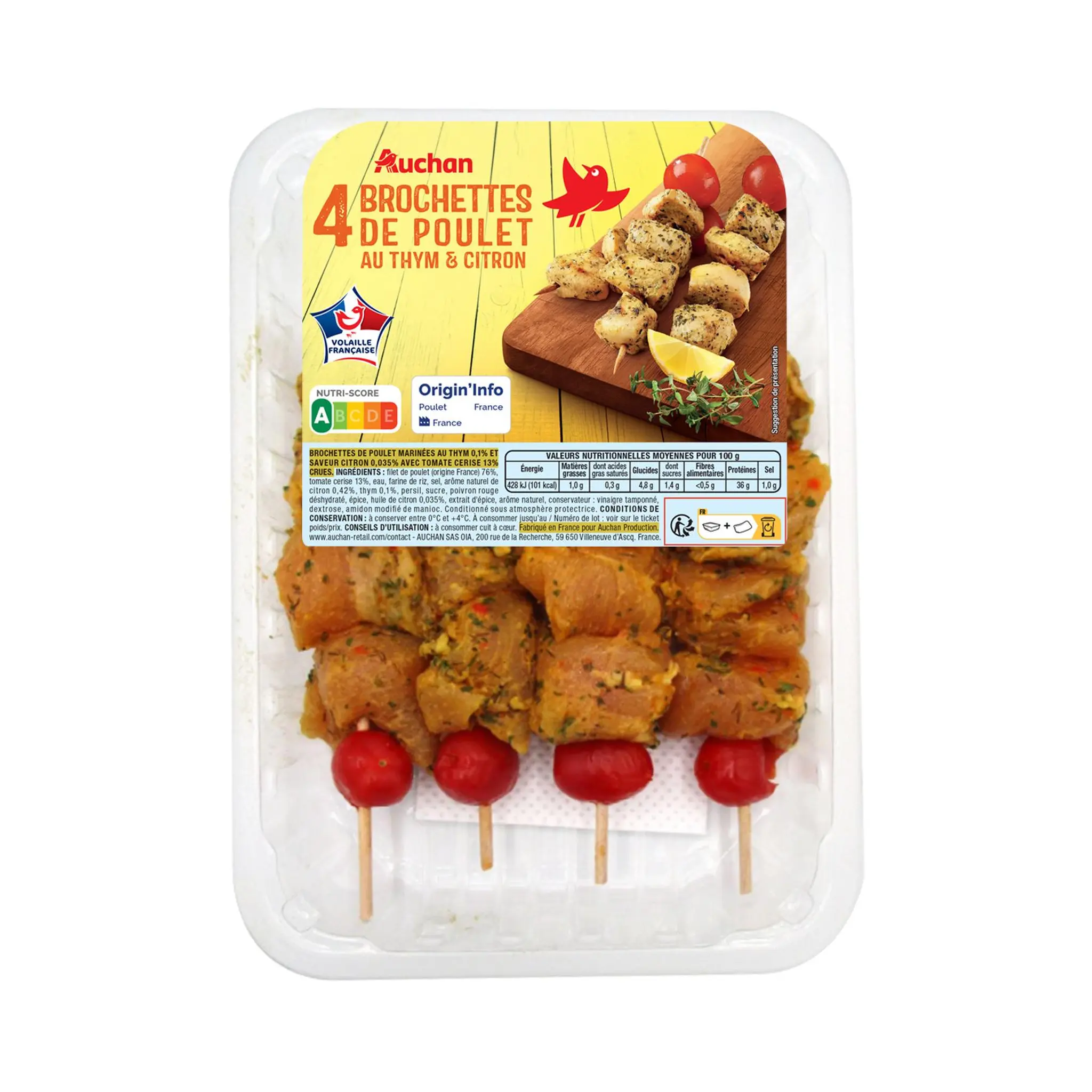 AUCHAN Brochettes de poulet au thym et citron