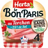 HERTA Le Bon Paris Jambon cuit au torchon réduit en sel sans nitrite sans couenne
