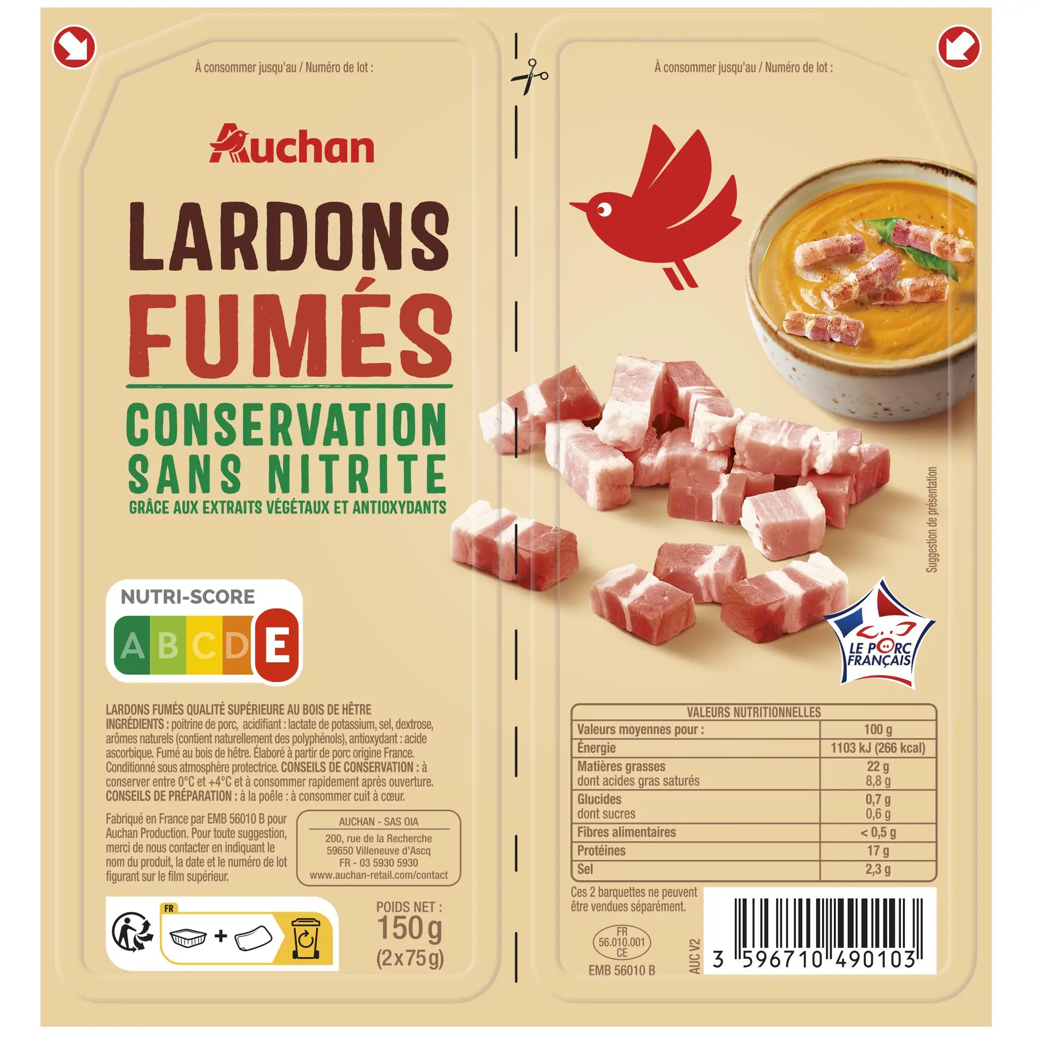 AUCHAN Lardons fumés sans nitrite