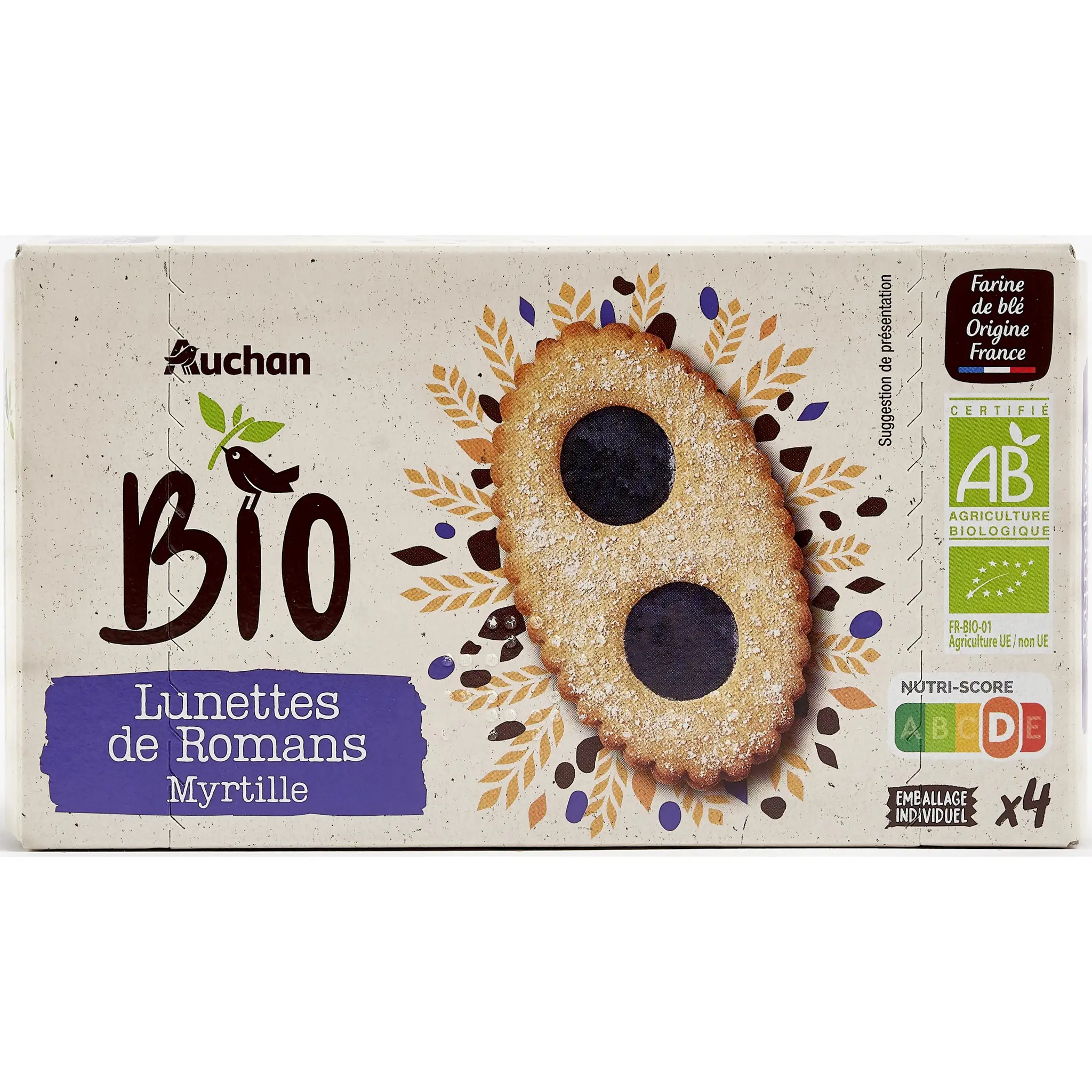 AUCHAN BIO Biscuits lunettes de romans à la myrtille sachets individuels