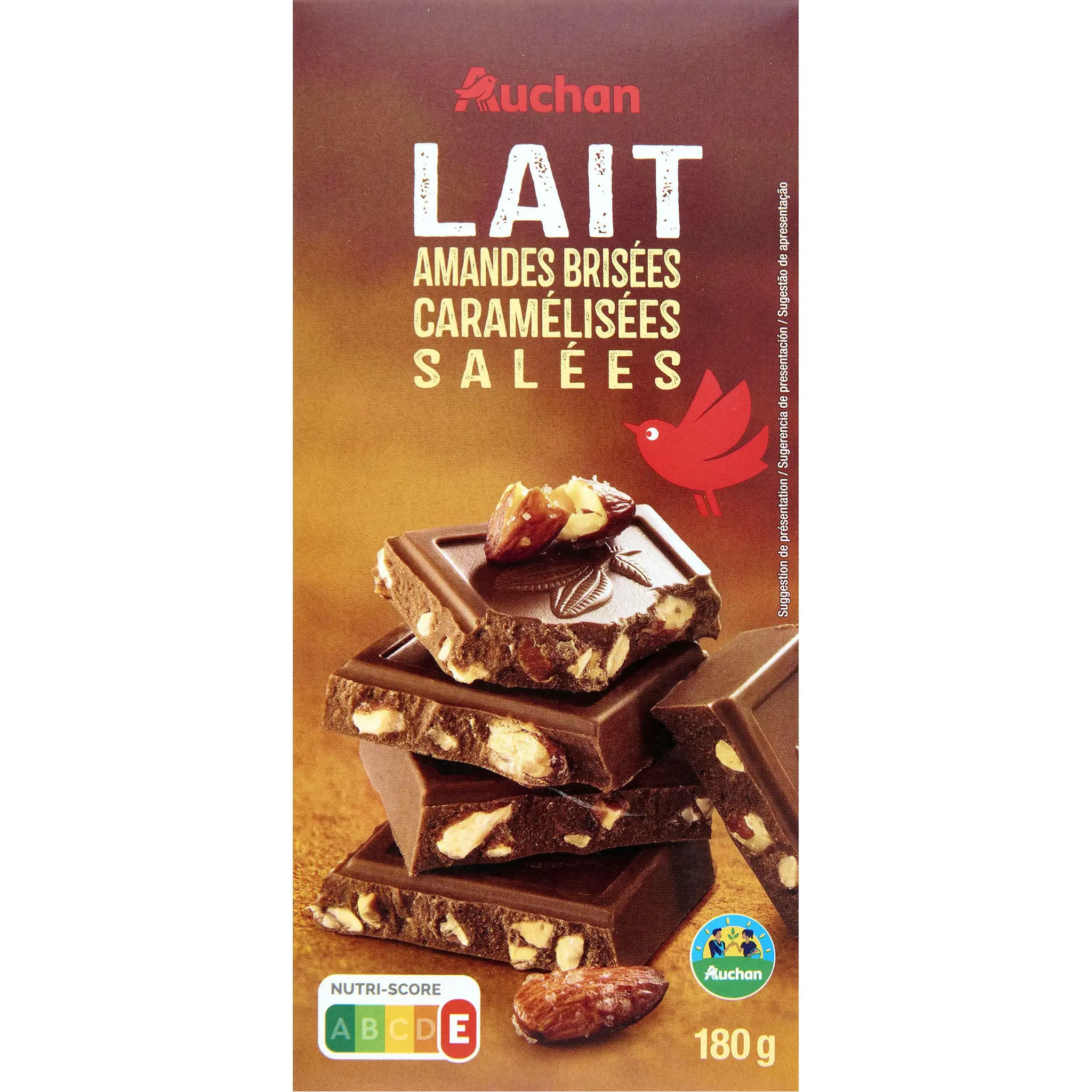 AUCHAN CULTIVONS LE BON Tablette de chocolat au lait aux amandes caramélisées salées