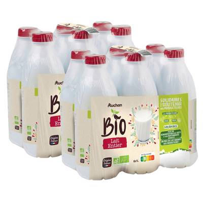 Auchan Solidaires Bio Lait entier Bio UHT, Lot de 2 - 6x1L