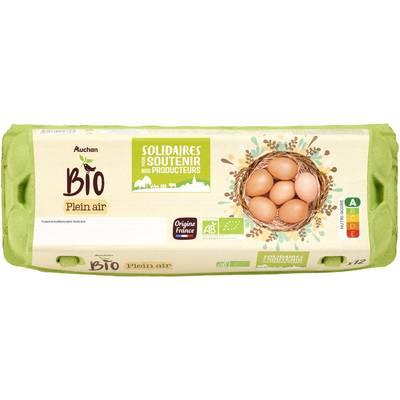 Auchan BIO Oeufs de poules Bio, calibre moyen, gros, 12 oeufs