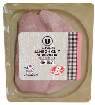 Jambon cuit supérieur découenné label rouge, U Saveurs (4 tranches, 160 g)