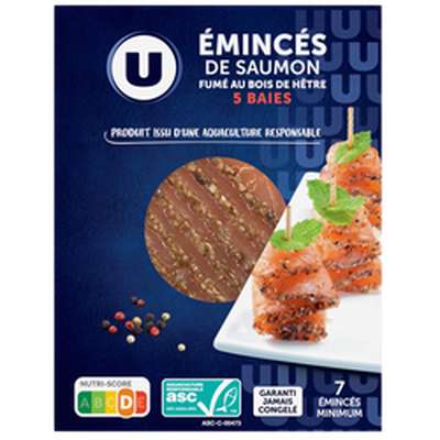 Emincés de saumon fumé d'atlantique au bois de hêtre et aux 5 baies, U (100 g)