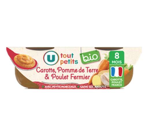 Plats pour bébé bols repas à la carotte, pomme de terre et poulet dès 8 mois BIO, U Tout Petits (2 x 200 g)