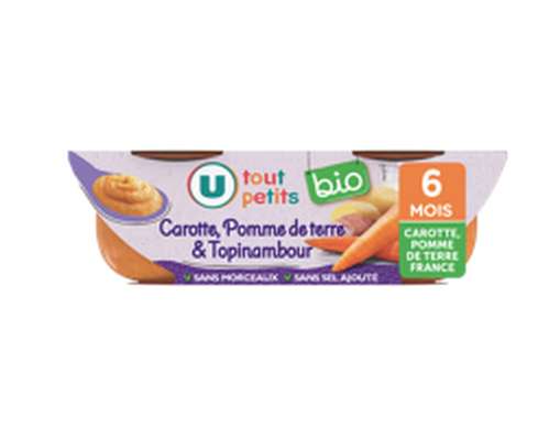 Bols du soir à la carotte, pomme de terre et topinambour origine France dés 6 mois BIO, U Tout Petits (2 x 200 g)