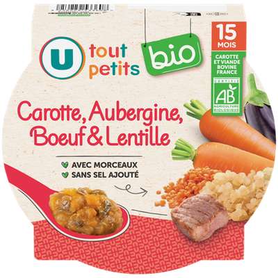 Assiette de carottes, lentilles, aubergines et boeuf BIO - dès 15 mois, U Tout Petits (250 g)