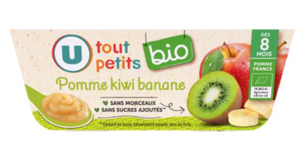 Petits pots pour bébé dessert pomme kiwi banane dès 8 mois, U Tout Petits Bio (4 x 100 g)