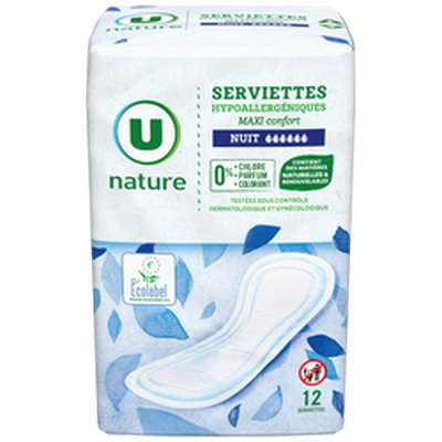Serviette maxi nuit, U Nature (X12)