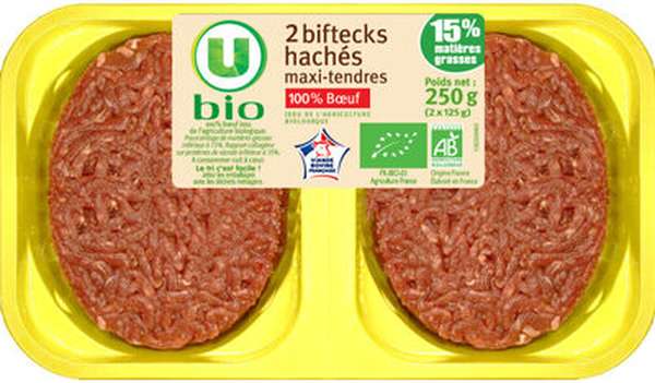 2 Biftecks hachés maxi-tendres 100% bœuf 15% de MG, U BIO (2 x 125 g)