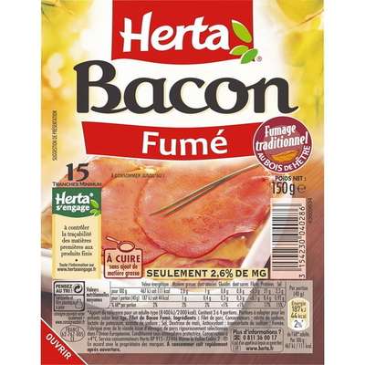 Bacon fumé tranches fines, Herta (15 tranches, 150 g)